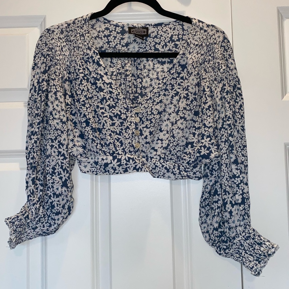 Cropped Navy and White Floral Blouse